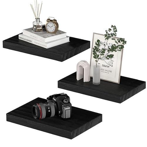 PopiShelves Small Floating Shelves for Wall - 12 x 9 Inch Black Shelves for Bedroom, Living Room, Bathroom, Kitchen, Office Decor Set of 3 - Image 1