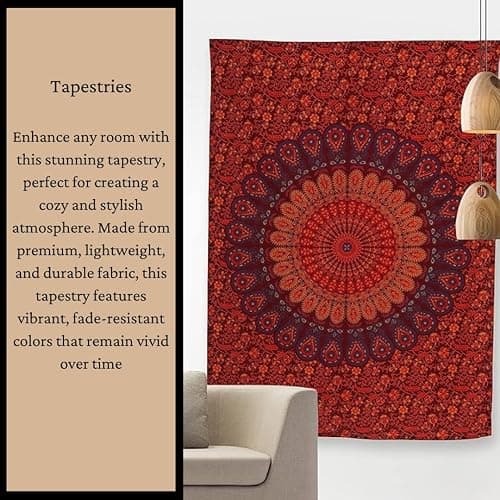 Bless International Indian-hippie-gypsy Bohemian-psychedelic Cotton-mandala Wall-hanging-tapestry-multi-color Large-mandala Hippie-tapestry (Golden Red, Queen (84x90Inches)(215x230Cms)) thumbnail 7
