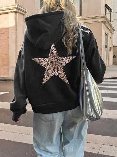Baonmy Oversized Hoodies Women Star Leopard Print Hooded Preppy Fleece Sweatshirt Long Sleeve Y2K Graphic Hoodie with Pockets thumbnail 2
