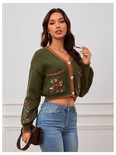 BEAUDRM Women's Floral Cropped Cardigan Cottagecore Boho Cardigans Embroidered Open Front Western Sweaters Fall Outwear thumbnail 4
