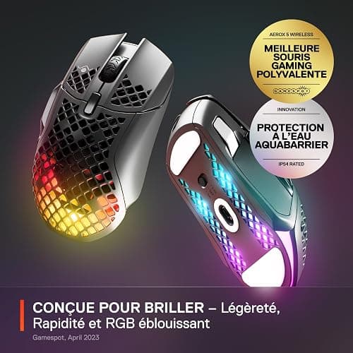 SteelSeries Aerox 5 Wireless - Souris gaming perforée RGB - Design ultra-léger et étanche - 9 boutons - Bluetooth/2.4 GHz - Capteur optique TrueMove Air 18K DPI thumbnail 2