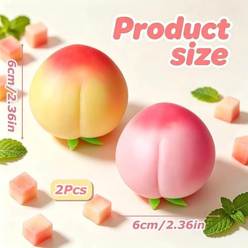 2 PCS Peach Squishys, Squeezy Squishy Peach Toys for Squeeze Luck | Squeezy peach squishy for pink & yellow, peach squeezy moderate size, squeeze peach for fruit squishy for relieve anxiety. thumbnail 2