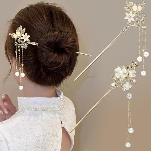 2Packs Lily of the Valley Chinese Hair Sticks for Buns, Pearl Flower Vintage Metal Hair Chopsticks for Women and Girls Dangle Tassel Pendant Hair Accessories Hanfu Handmade Decor Hairpin (beige) - Image 1