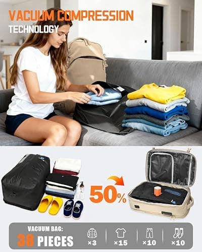 Zurligi Vacuum Backpack for Travel with Mini Pump, Expandable Vacuum Seal Compression Backpack, Space-Saving Daypack,TSA-Lock (Vacuum Pro, Beige) thumbnail 2