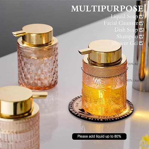 CICUFY Glass Foam Soap Dispenser for Kitchen & Bathroom - Refillable Lotion Dispenser with Large Gold Pump (Leaf Pattern-Pink) thumbnail 4