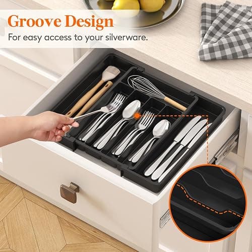 Lifewit Expandable Silverware Organizer, Plastic Utensil Tray for Kitchen Drawer, BPA Free Flatware Cutlery Holder, Space-Saving Storage for Spoons Forks Knives, 8.5-14 x 12 x 1.5 inch, Black thumbnail 7