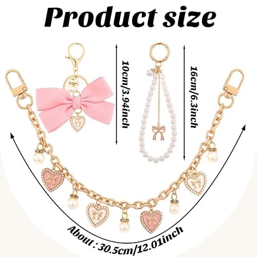 LuneClat 3Pcs Heart Pearl Purse Extender Chain - Gold Replacement Bag Charm with Enamel Flower, Pink Bow Peal Keychain for Women Crossbody Handbags Purses Making Accessories thumbnail 5