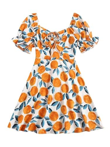Floerns Women's Summer Drawstring Sweetheart Neck Puff Sleeve A Line Short Dress - Image 1