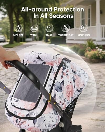 Sweetwavet Car Seat Cover Baby Girls, Infant Car Seat Canopy Outdoor, 2 Layers with Mesh and Sun Shade Window for Summer Winter, Easy Access Carseat Covers Snug Fit Baby Stroller - Pink Floral thumbnail 6
