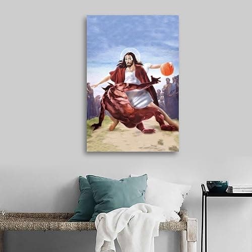 Jesus Vs Satan in Basketball Poster Funny Christain Poster Decorative Painting Canvas Wall Art Living Room Posters Bedroom Painting 12x18inch(30x45cm) - 18L" x 12W" - Ready To Hang-1 thumbnail 3