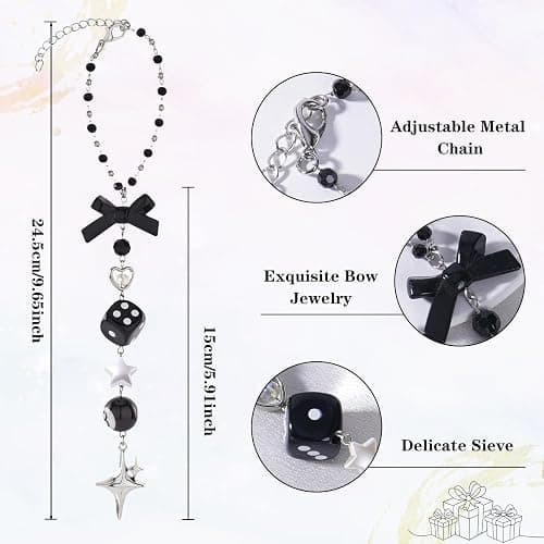 LuneClat Black Bow Car Mirror Chain Y2k 8 Ball Star Beaded Hanging Charm | Y2k Aesthetic Hanging Charm With 8 Ball And Star Pendant. Beaded Car Rearview Mirror Chain. Cute Car Interior Decor thumbnail 7