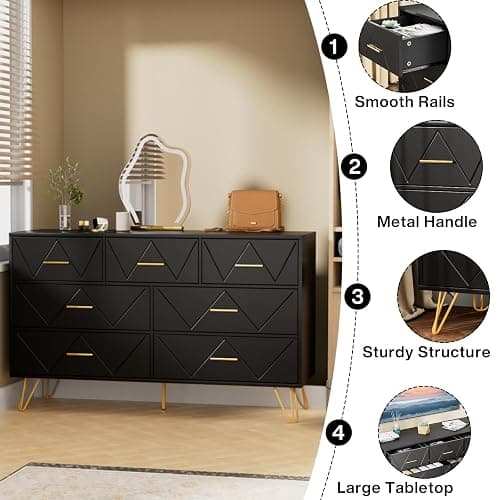 JOZZBY Dresser for Bedroom, 7 Drawer Black Wooden Dresser with Gold Handles, Modern Storage Dressers & Chests of Drawers for Hallway, Entryway thumbnail 4