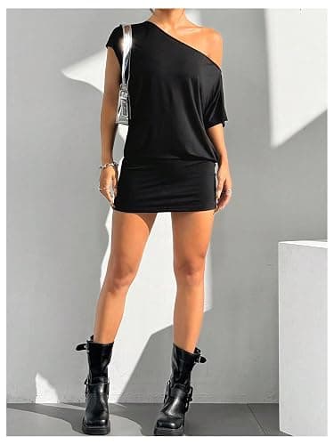 SOLY HUX Women's Off The Shoulder Mini Dress Asymmetrical Neck Short Sleeve Casual Bodycon T Shirt Dresses thumbnail 5