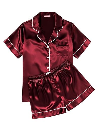 Ekouaer Womens Silk Satin Pajama Sets Soft Short Sleeve Button Down Sleepwear Top and Shorts 2 Piece Pjs Lounge Set - Image 1