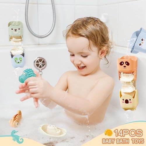 Baby Bath Toys for Kids Ages 1-3, 14 Pack Mold Free Toddler Bath Toys for 2-4 Bathtub Water Toys with Floating Boats&Cups and No Hole Bath Toy for Babies 6-12 Months, Baby Christmas Stocking Stuffers thumbnail 2