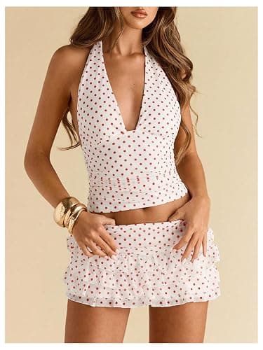 RoseSeek Women's Y2K Polka Dots Backless Halter Tops Sleeveless Ruched Fitted Low Cut Crop Top thumbnail 3
