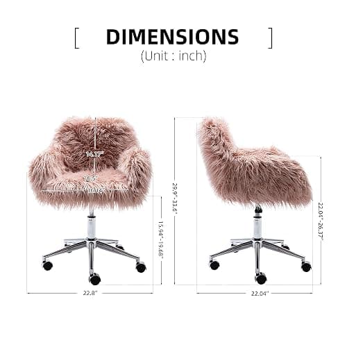 KCC Fluffy Office Desk Chair, Faux Fur Modern Swivel Armchair with Wheels, Soft Comfy Fuzzy Elegant Accent Makeup Vanity Chairs for Women Girls, Home Living Dressing Room Bedroom, Pink thumbnail 3