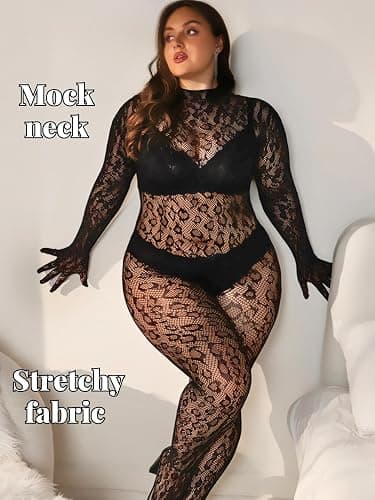 EHSUYAB Plus Size Fishnet Bodysuit For Curvy Women, Full Leopard Body Stockings Rave Outfit, Sexy Lace Jumpsuit Festival Club thumbnail 4