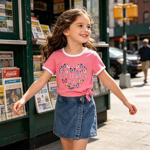 Voxikodex Girls Summer Clothes Butterfly Print Short Sleeve Tops and Denim Skirt Shorts Set Cute Outfits for Kids Girls 5-12Y thumbnail 8