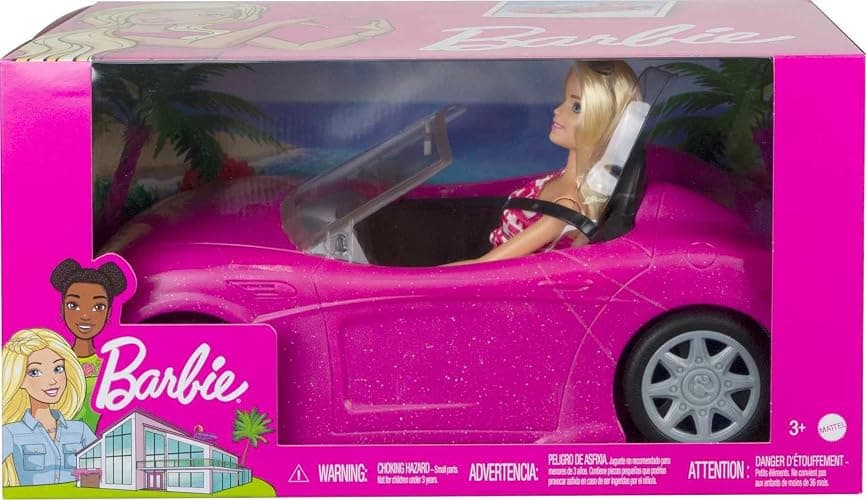 Barbie Playset with Sparkly Pink 2-Seater Toy Convertible Car Featuring Glam Details & Fashion Doll in Sundress & Sunglasses thumbnail 6
