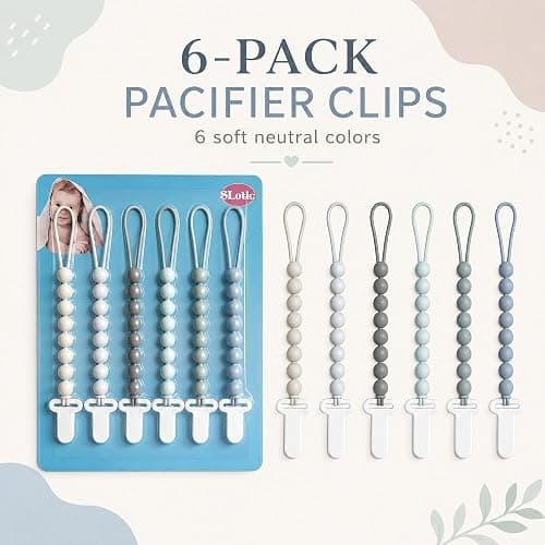 6 Pack Neutral Silicone Pacifier Clips for Boys and Girls, One Piece Beads Pacifier Clip Set with Durable Plastic Clip, Neutral Baby Pacifier Holder Set thumbnail 3