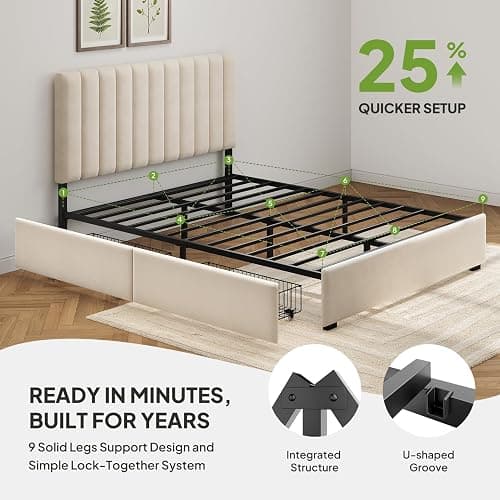 Welzona Queen Bed Frame with Storage and Headboard, Velvet Upholstered Metal Platform Corner Bed with Vertical Tufted Headboard, 2 Storage Drawers, 3-Height Level, Noise Free, Easy Assembly, White thumbnail 5