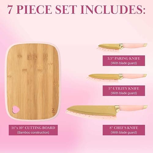Paris Hilton Bamboo Cutting Board for Kitchen, Reversible Cutting Board and Cutlery Set with High Carbon Stainless Steel Knives and Blade Guards, Comfortable Handle Grips, 7-Piece Set, Gold and Pink thumbnail 4