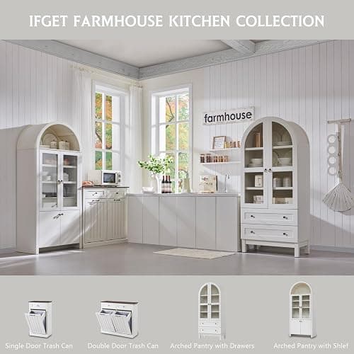 IFGET 71" Tall Arched Kitchen Pantry Cabinet, Wood Kitchen Storage Cabinets with 2 Large Drawers and Adjustable Shelves, Modern Farmhouse Versatile Cupboard for Kitchen, Dining Room, Bathroom, White - White thumbnail 6