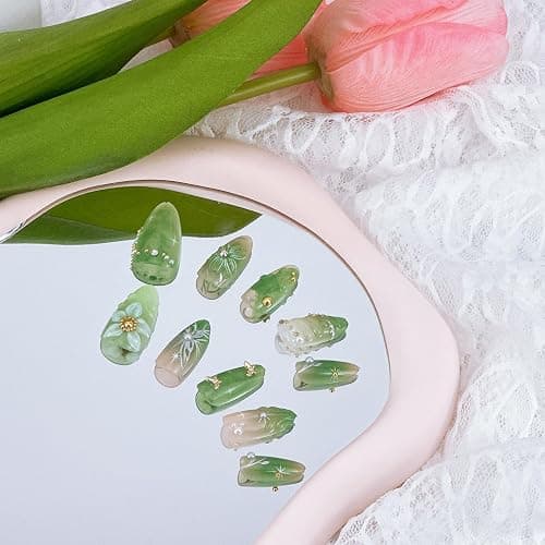 30Pcs Green Press on Nails Medium Almond Fake Nails with 3D Pearl Gold Beads Designs Stick on Nails 3D Flower Butterfly False Nails Spring Summer Acrylic Nails Silver Star Glue on Nails for Women thumbnail 2