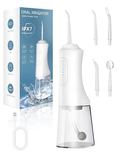 Water Flosser, Water Dental Flosser Pick for Teeth, 300ML IPX7 Waterproof Oral Irrigator, 3 Modes 4 Replaceable Jet Tips, Professional Flossing Cleaning Picks for Home Travel Gums (White) - Image 1