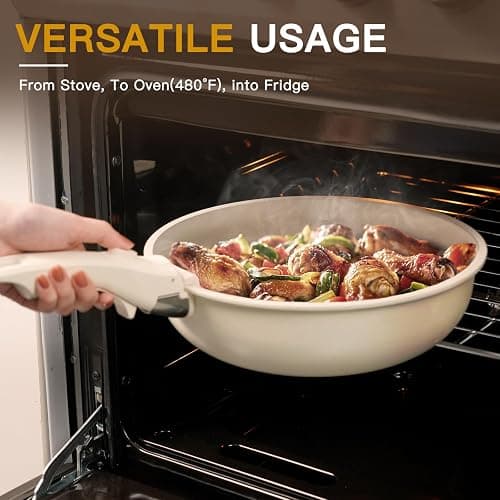Astercook Ceramic Non-stick Cookware 21 Pcs Pots and Pans Set, Detachable Handle, RV Kitchen Non Stick Cooking Set Removable Handles, Oven Safe, Induction Ready, Stackable, Cream White thumbnail 4