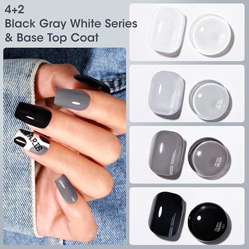 GELLEN Black White Gray Nail Polish 4-Color Set & Base Top Coat, Fall Winter Trendy Winter Black White Grey Regular Nail Polish Quick Air Dry Set for Women Home Salon, Hema Free, Toxin Free, TPO Free thumbnail 2