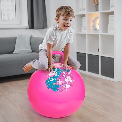 ZOOJOY Hopper Ball, Pink Bouncy Balls for Kids, 18 Inch Sit on Jumping Toys with Handle for Girls Gift Aged 3-8, Inflatable Unicorn Bounce Hopper Balls Toy with Pump thumbnail 2