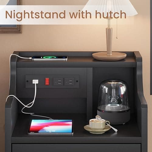 ADORNEVE Black Nightstand with Charging Station & Drawers | Night Stand for Bedroom,End Table with Hutch & 3 Storage Drawers thumbnail 3