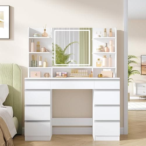 Hzuaneri 9 Drawers Vanity Desk with LED Light, Dressing Table with Large HD Mirror, 9 Open Storage Spaces Makeup Vanity for Bedroom, 3 Colors LED Strip, White DT41903WCA thumbnail 5