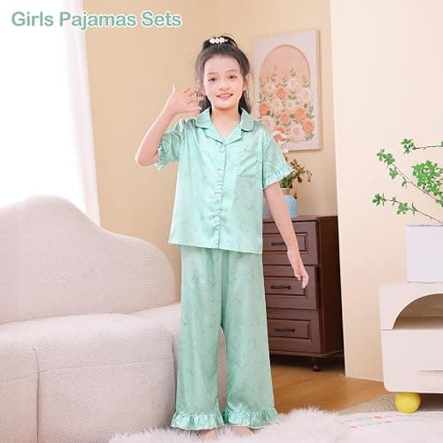 MHJY Schlafanzug Mädchen Set 8-14 Jahre, Kurzarm Pyjama mit Knopfleiste und Lange Hose, Weiches Seidig Nachtwäsche Kinder Teenager PJS thumbnail 2