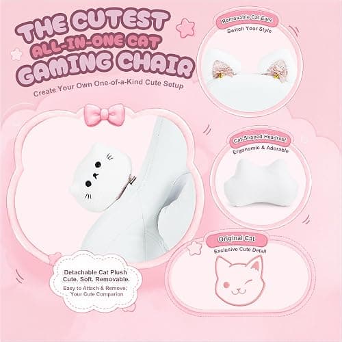 Dowinx Gaming Chair with Cat Ears and Massage Lumbar Support, Ergonomic Computer Chair with Footrest and Headrest, Comfortable Reclining Game Chair 290lbs for Adults, White thumbnail 4