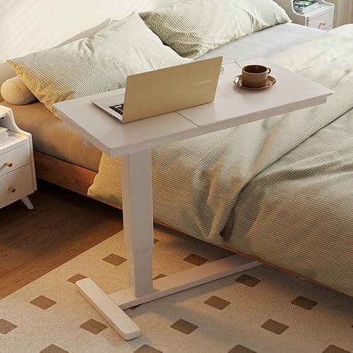 Muwuele Solid Wood Overbed Bedside Table with Wheels, Adjustable Medical Tilt Top Hospital Bed Table Over The Bed, Rolling Laptop Desk, Mobile Standing Desk for Hospital and Home Use (White) - Image 1