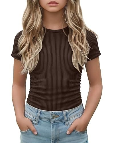 LessonZoo Girls Short Sleeve Shirts Kids Ribbed Knit Side Ruched Tops Crew Neck Slim Fit Tees Summer Basic Cute 5-14 Years - Image 1