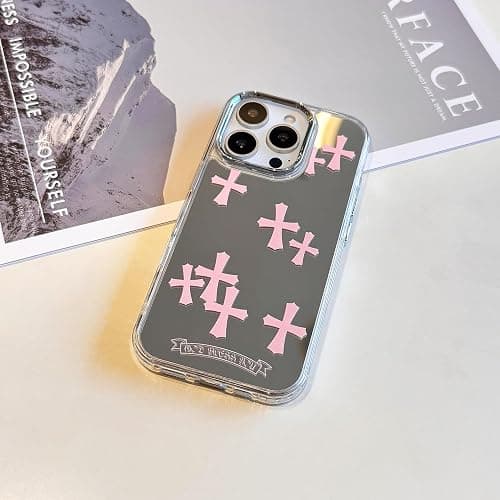 ezyuzy for iPhone 13/14 Phone Case, Bless Cross Design with Glossy Finish Phone Cover Mirror Back Shockproof Protective Case for Girls Women, Pink thumbnail 5