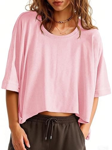 Tankaneo Womens Oversized T-Shirts Cropped Summer Casual Short Sleeve Loose Fit Tee Tops - Image 1