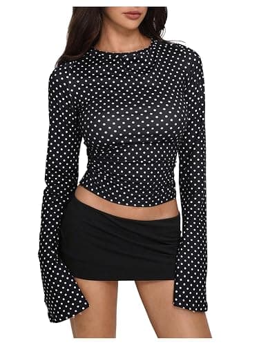 Milumia Women's Polka Dots Bell Sleeve Crop Tee Top Y2K Ruched Slim Fit Going Out T Shirt thumbnail 5