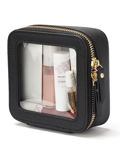 Popvibe Small Clear Makeup Bag for Purse, Travel Cosmetic Case, Black, Mini | Waterproof PU Leather, Transparent Square Make Up Pouch with Zipper, Tiny Toiletry Organizer Bag for Women Car Essentials Bag - Image 1