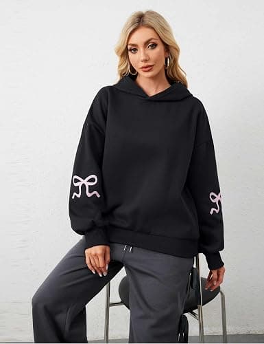 OLAPTA Women Oversized Bow Trim Print Hoodies Long Sleeve Fleeced Casual Graphic Pullover Trendy Fall Hooded Sweatshirts Top thumbnail 3