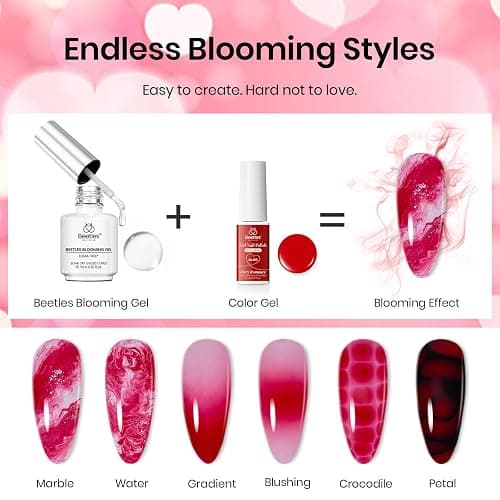 Beetles Blooming Gel Nail Polish Kit - Hema Free Clear Blooming Gel with Red Nail Polish & Nail Art Brush, Soak Off UV/LED for Flower Marble Watercolor Nail Designs DIY Gift Set thumbnail 3