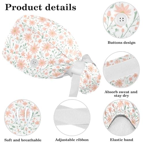Scrub Caps Women with Button,Adjustable Surgical Caps with Ponytail Pouch,Working Cap with Bow Hair Scrunchy thumbnail 4