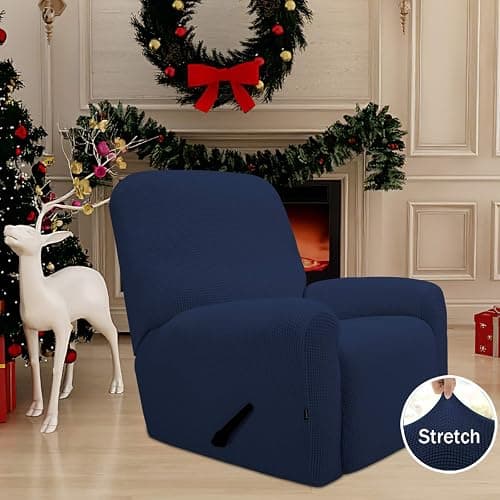 Easy-Going Recliner Stretch Sofa Slipcover Sofa Cover 4-Pieces Furniture Protector Couch Soft with Elastic Bottom Spandex Jacquard Fabric Small Checks(Recliner,Navy) Large thumbnail 3