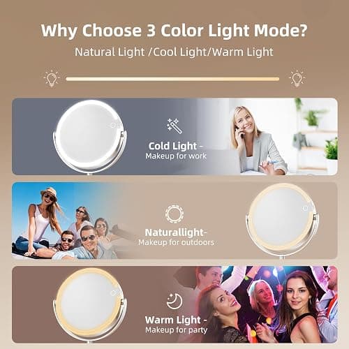 FRANO Vanity Mirror with Lights, 8" Dual-Sided Makeup Mirror with Magnification 1X/10X, 3 Color & Stepless Dimming, Rechargeable, 360° Rotation & Height Adjustable, Gifts for Women thumbnail 3