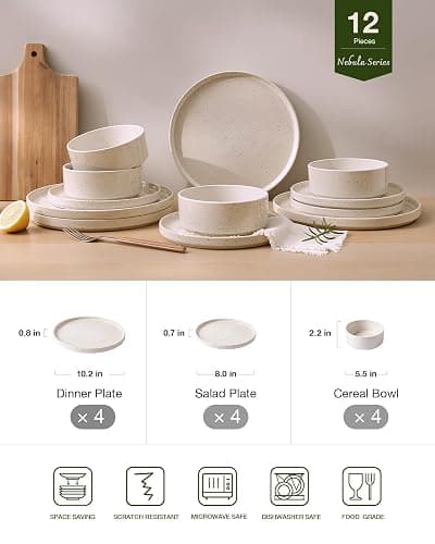 Famiware Nebula Plates and Bowls Sets, 12 Pieces Dinnerware Sets, Dishes Set for 4, Creamy White with Colorful Speckles thumbnail 3