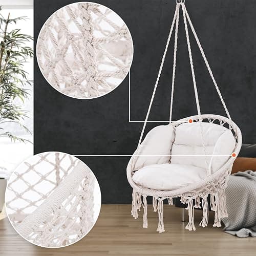 DETEX® Boho Style Hanging Circular Chair | 60cm Diameter Round Seat 150kg Capacity with 2 Cushions | Weatherproof 360° Swing Seat Galvanised Steel Cotton Indoor Outdoor | Cream - Image 1